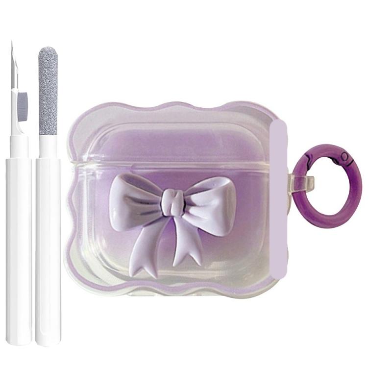 For AirPods Pro3 4 3 2 1 Pro Cute Wave Case Girly 3D Pink Bow Soft TPU Kawaii Generation Cover with Kit Keychain Women Girls