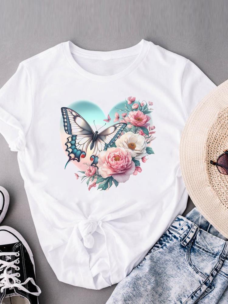 (Asian Size) flower sweet floral Women's Clothing Print Short Sleeve T-shirts Fashion Female Casual Top T O-neck Graphic Tee