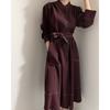 Spring Autumn Women's Single Breasted Shirt Dresses Sashes Stand Collar Korean Casual Straight Dress Female