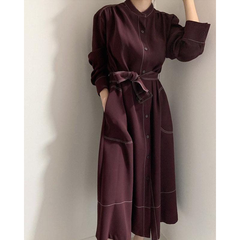 Spring Autumn Women's Single Breasted Shirt Dresses Sashes Stand Collar Korean Casual Straight Dress Female