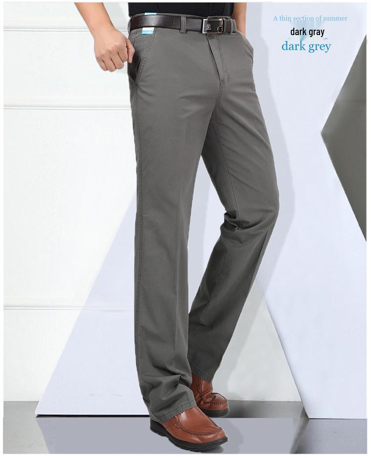 Men's Plus Size High Waist Cotton Work Pants - Summer Lightweight Casual & Formal Straight Leg Trousers for Middle-Aged & Elderly.