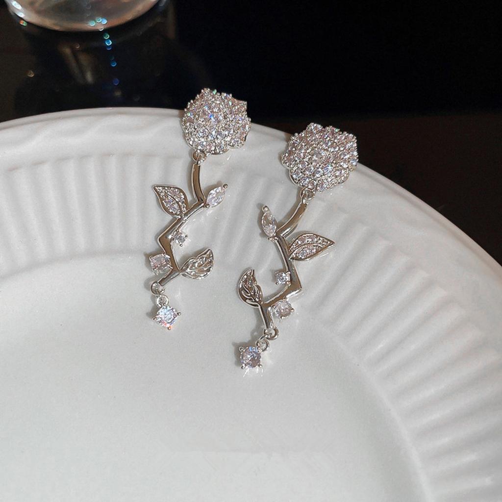 Rose Flower Drop Earrings for Women Sparkly Leaf Dangle Earrings Elegant Wedding Party Jewelry Gift