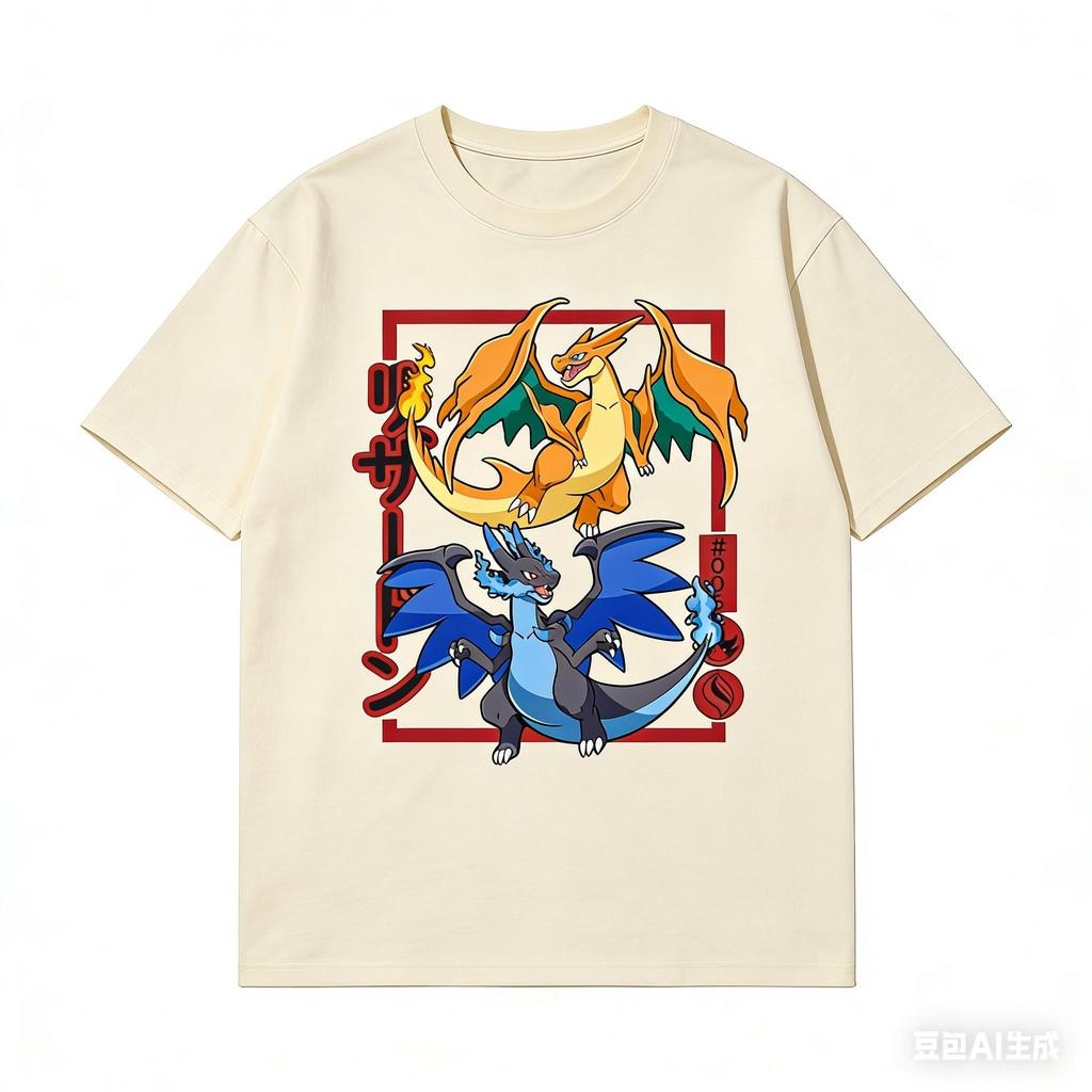 Charizard Evolution Aufdruck Reines Baumwoll-T-Shirt Herren und Damen Frühling/Sommer Neue Kollektion Mode Kurzarmshirt
