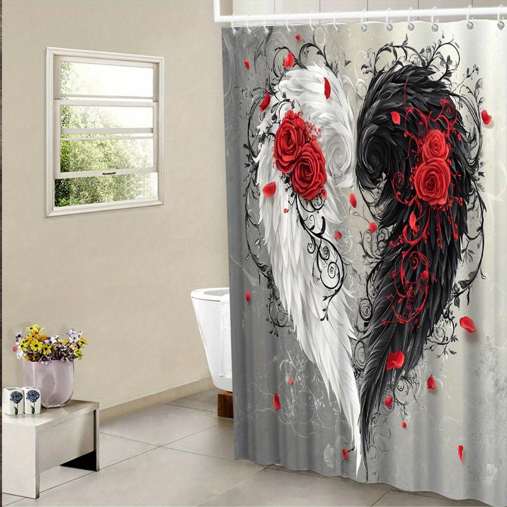 

Angel Wings Rose Shower Curtain Black And White Digital Illustration Gothic Style Bathroom Decoration With 12 Hooks W60H190(CM)-1 Pcs