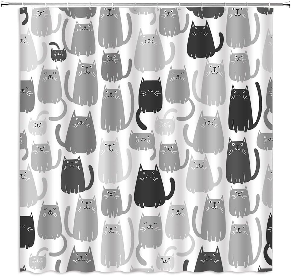 Cute Cat Shower Curtain Multicolor Cartoon Happy Colorful Kitten Animal Lovers Pattern Women Girls Purple Fabric Home Bathroom 90x180CM