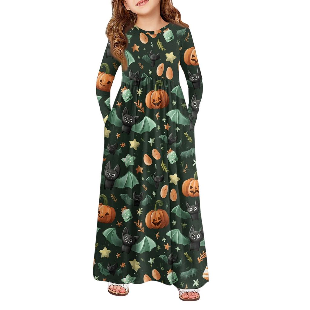Mädchen Maxi Kleid Halloween Tag- Langarm Taschenkleid