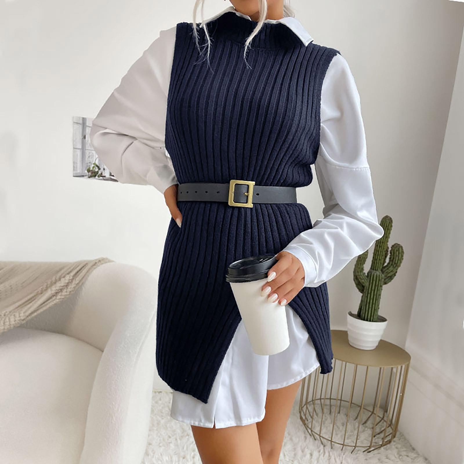 

Women V-neck Solid Color Casual Half High Collar Sleeveless Vest Vintage Knitting Sweater L темно-синий