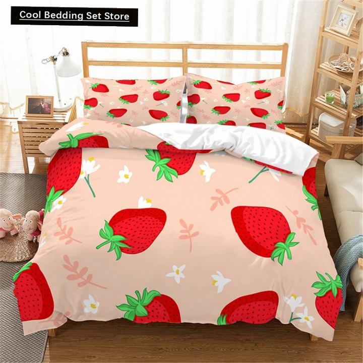 Red Strawberry Cute Bedding Set 3D Pink Lovely Summer Fruit Duvet Cover King Queen For Kids Girls 2/3Pcs Polyester Quilt Cover