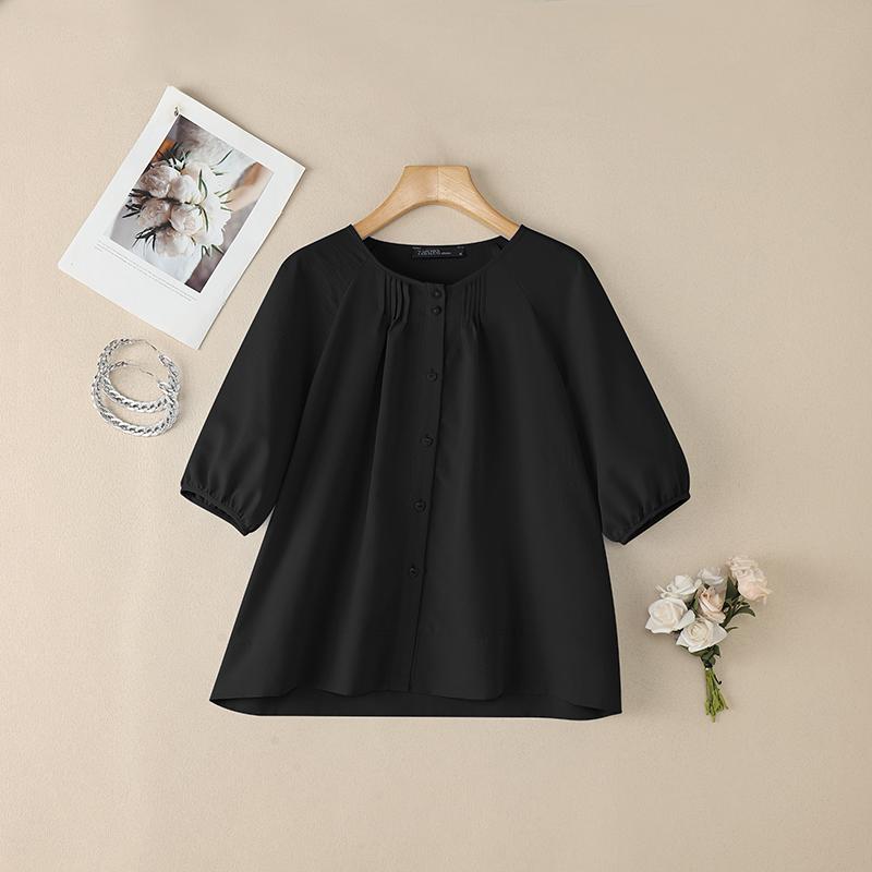 ZANZEA Damen Lässige Runde Halslinie Halbarm Locker Einfarbig Bluse