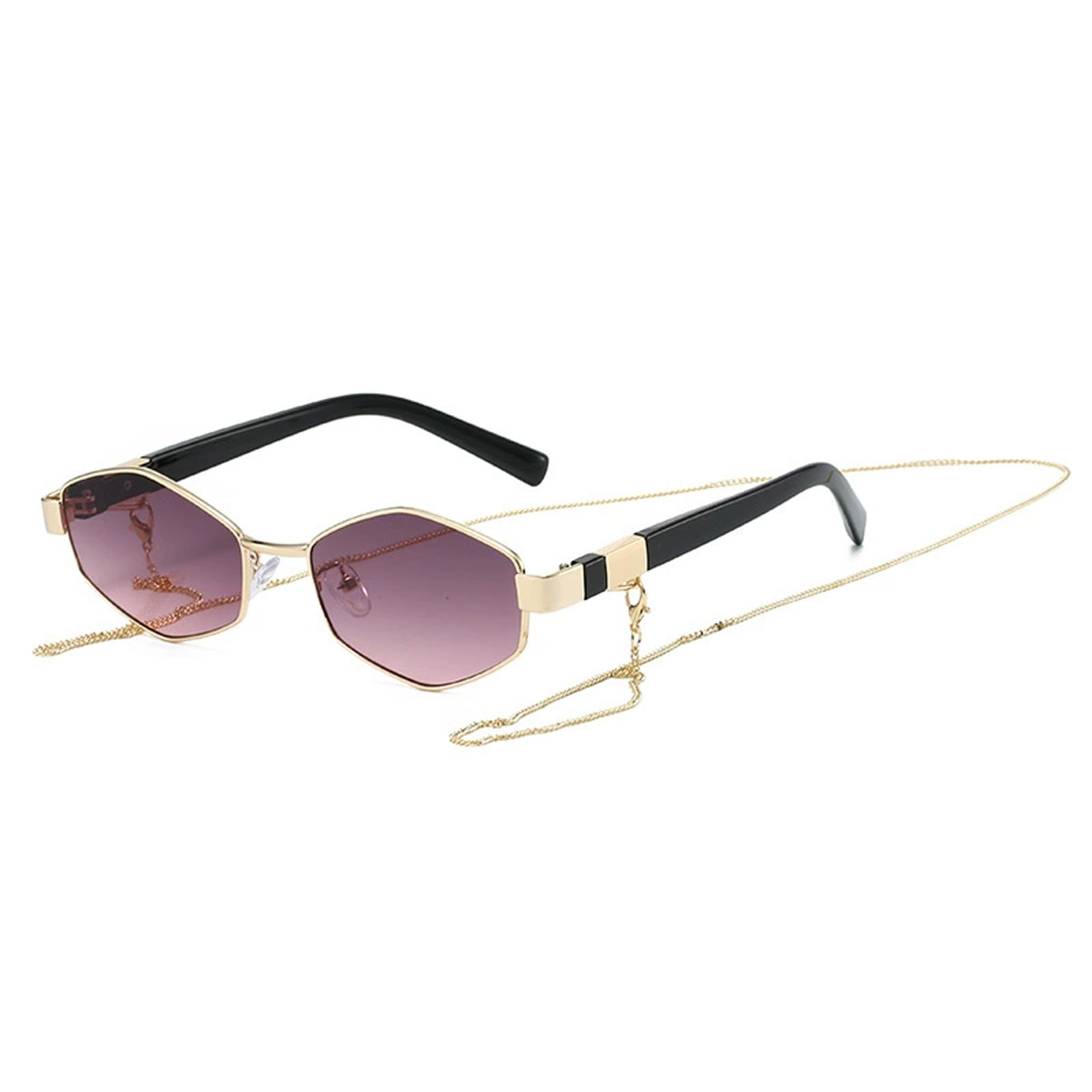Polygon Metal Sunglasses with Chain Decoration Women Retro Street Style Eyewear Lightweight Durable Frame UV Protection One Size