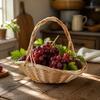 Hand-Woven Wicker Basket Versatile Shallow Oval with Arched Handle Rustic