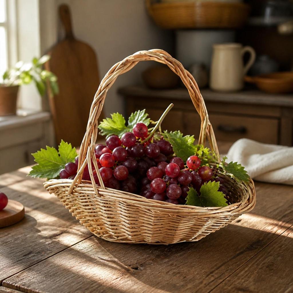 Hand-Woven Wicker Basket Versatile Shallow Oval with Arched Handle Rustic