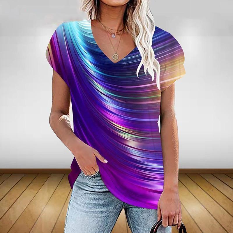 Fashion New Colorful Gradient 3D Print T-Shirts Women V Neck Short Sleeve T Shirt Y2k Top Tees Oversized Harajuku Woman Clothing