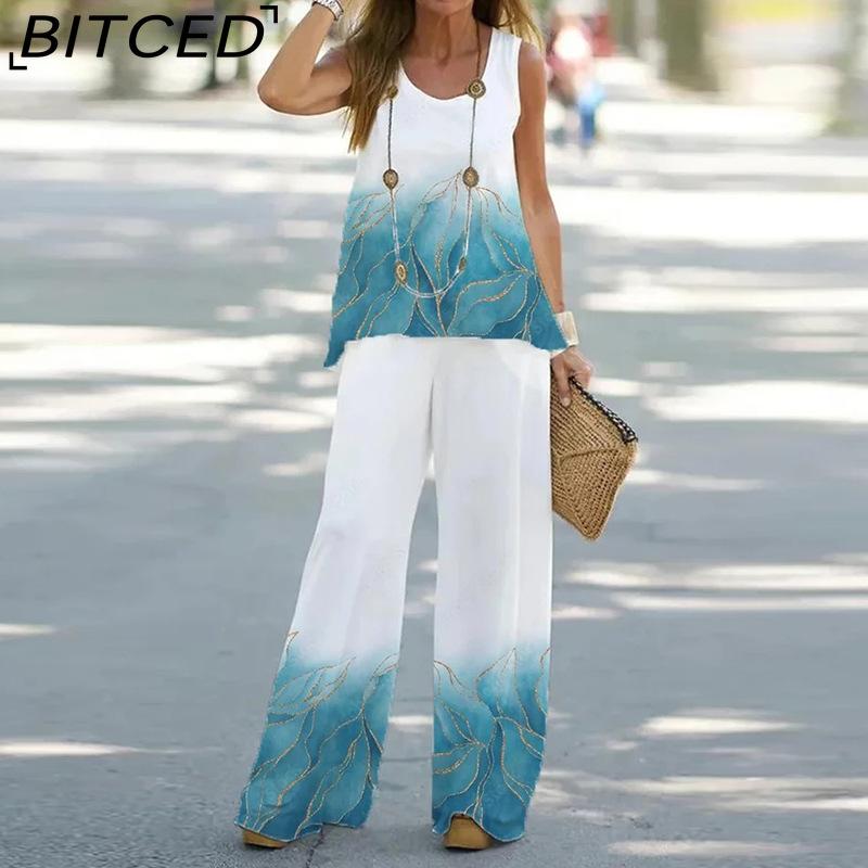 

BITCED Літній повсякденний жіночий комплект з двох частин: топ без рукавів з принтом та вільні штани з високою талією S
