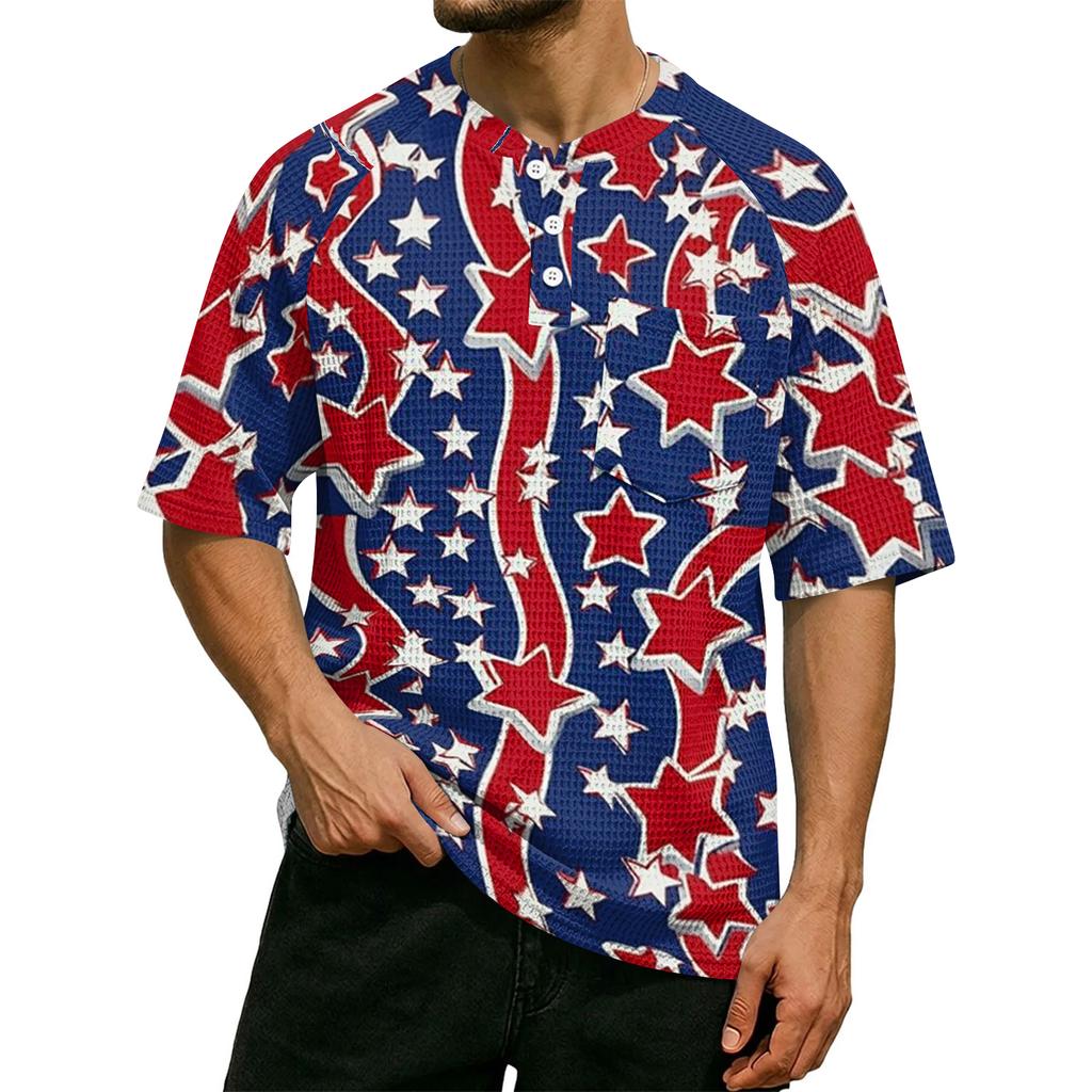 Men's Casual Waffle Knit Short Sleeve Shirt USA Letter Print Lightweight Breathable Summer Top with Button Front