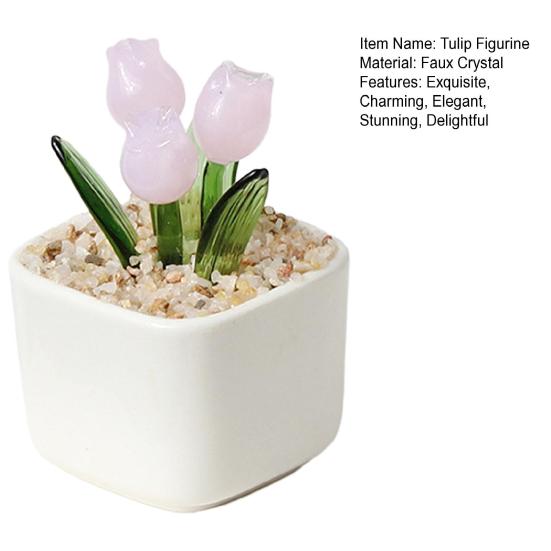 Handcraft Blown Glass Flower Figurine Mini Faux Crystal Tulip Bouquet In Pot for Women Mom Wedding Mother's Day Office Home Table Centerpiece