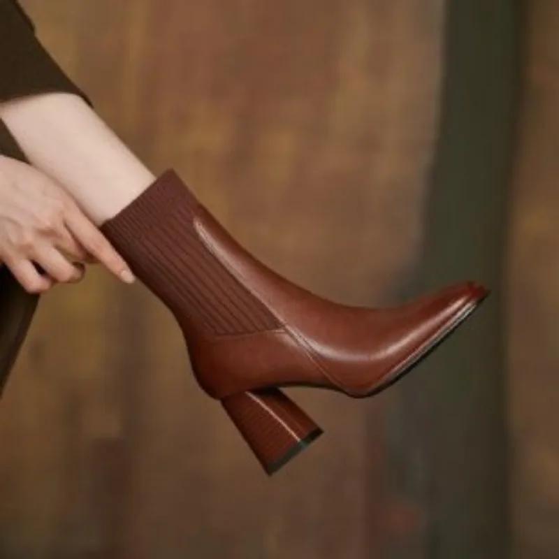 

Square headed retro French style thick heel short boots for women new brown knitted women s boots elastic socks boots 42 коричневий