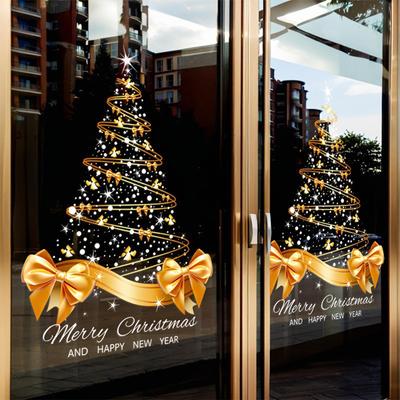 Christmas Window Decals Mural Double-Sided Golden Christmas Tree Window Stickers Self-Adhesive for Holiday Home Window Decor