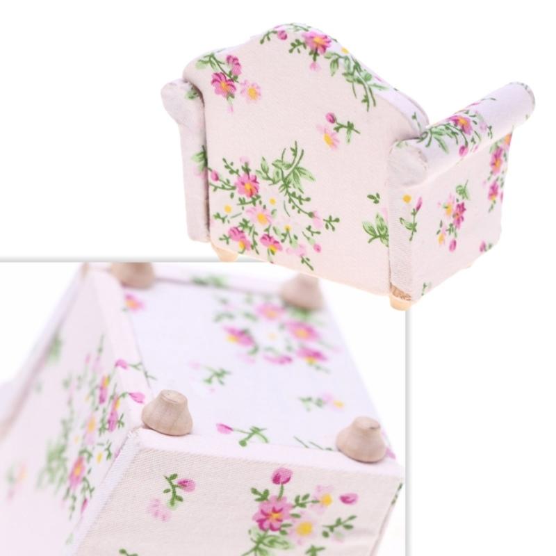 Miniature Flower Print Sofa Figurine For Doll House Wood Single Couch Furniture for Adult and Kids Collectible Project