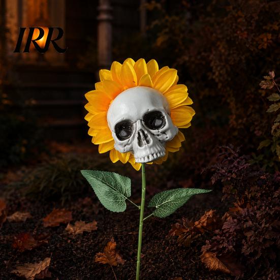 Fun Halloween Garden Accessory Sunflower Skull Ornament, Theme Decor, Potted Outdoor Spooky Planter Plant Waterproof Decoration, for Lawn