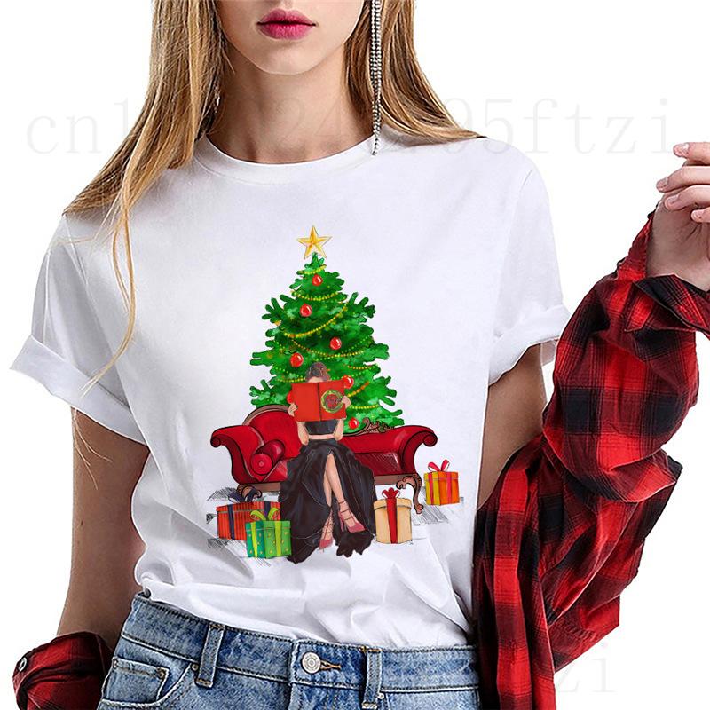 Fashion Cartoon Christmas Tree Graphic Women T-Shirts Summer Short Sleeve O-Neck Female Tops Streetwear Y2K Clothing