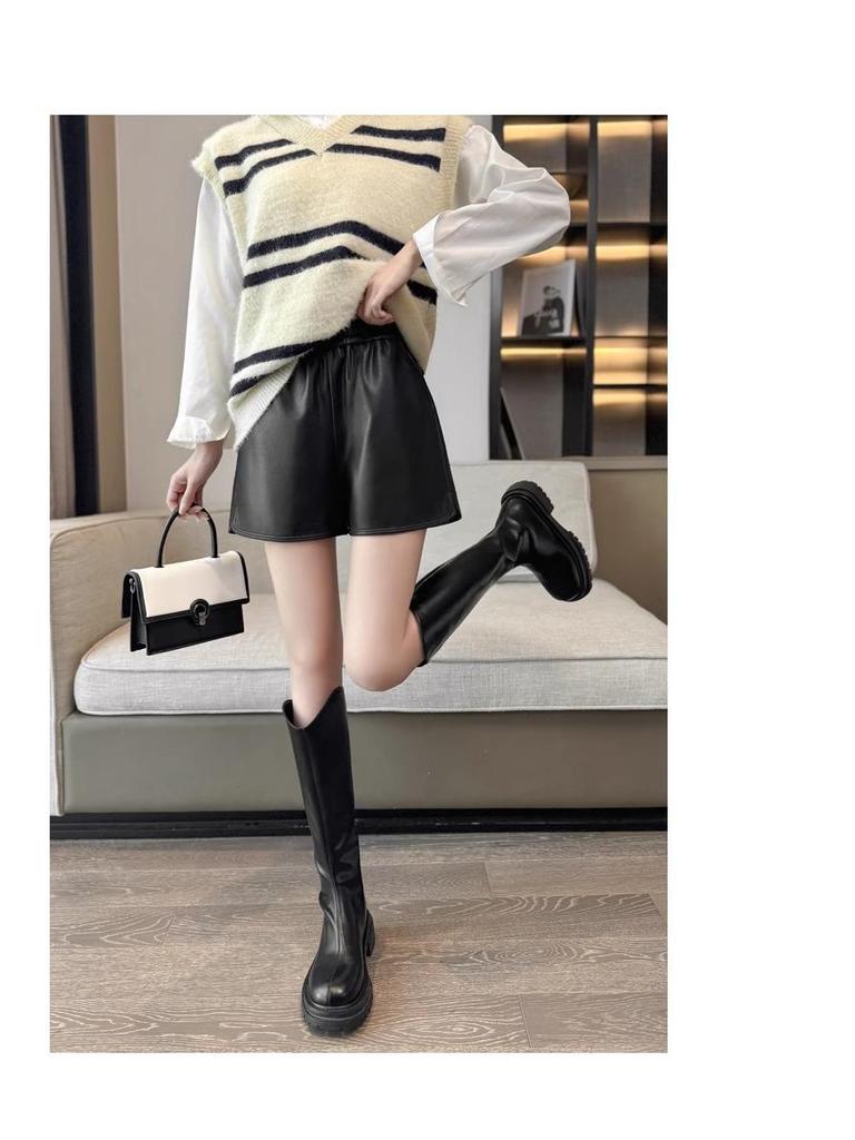 Women's PU Leather High-Waist Bootcut Shorts - 2024 Autumn/Winter Plus Size Fashion