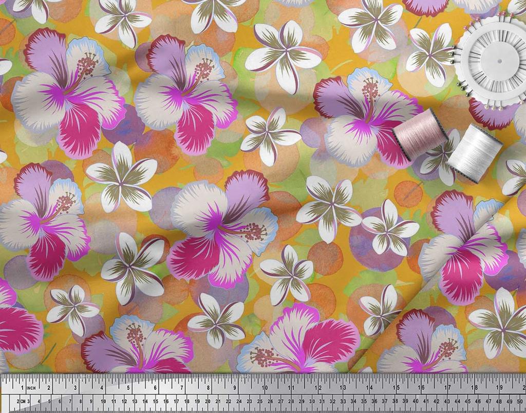 Soimoi Japan Crepe Satin Fabric Leaves & Plumeria Flower Decor Fabric Printed Metre 42 Inch