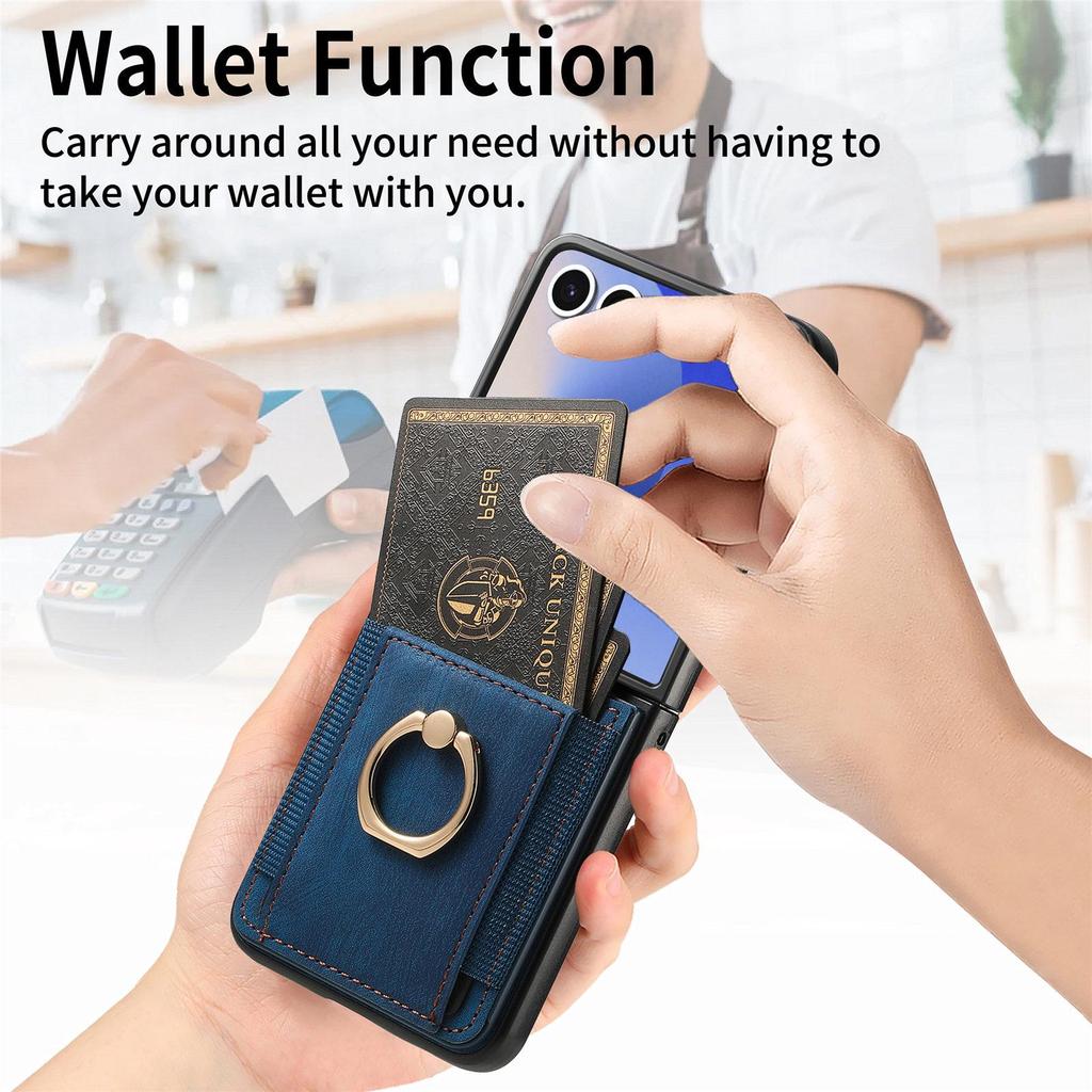Samsung Z Flip 7 FE Leather Ring Wallet Case with Card Holder and Stand