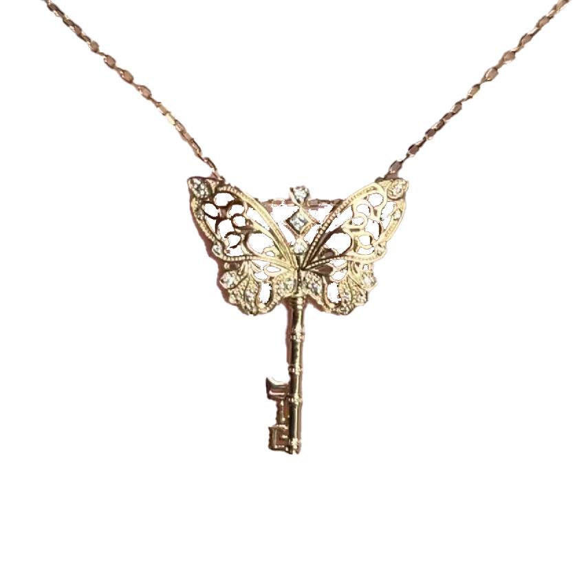 18k Gold Plated Butterfly Key Necklace: Elegant French Hollow Design for Women
