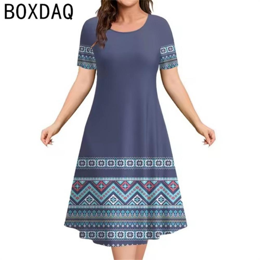 Rochie nouă pentru femei cu imprimeu etnic vintage 3D, rochie de vară cu mânecă scurtă, gât rotund, casual, rochie A-line, rochii supradimensionate pentru doamne