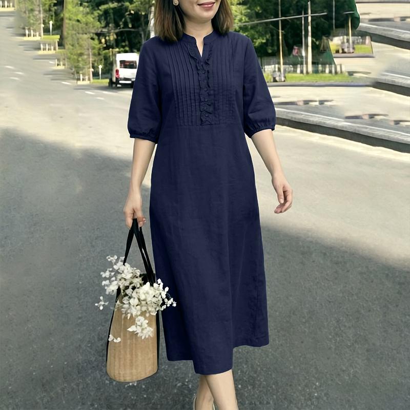 ZANZEA Women Casual V-Neck Six Quarter Sleeve Loose Midi Dress S темно-синий