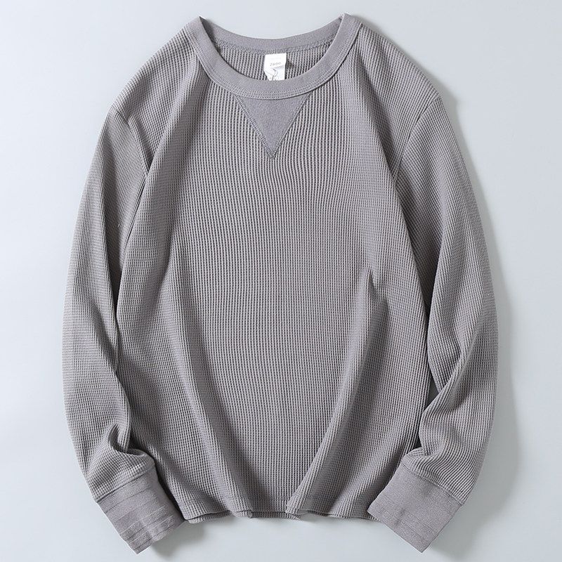 Export Factory Leftover Stock Spring New American Waffle Long-Sleeved T-shirt Men's Solid Color Casual round Neck Bottoming Shirt Fashion