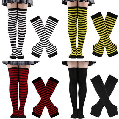 Winter Socks Gloves Set Striped Keep Warm Regular Fit Solid Color High Socks Arm Sleeves Set for Daily Wear