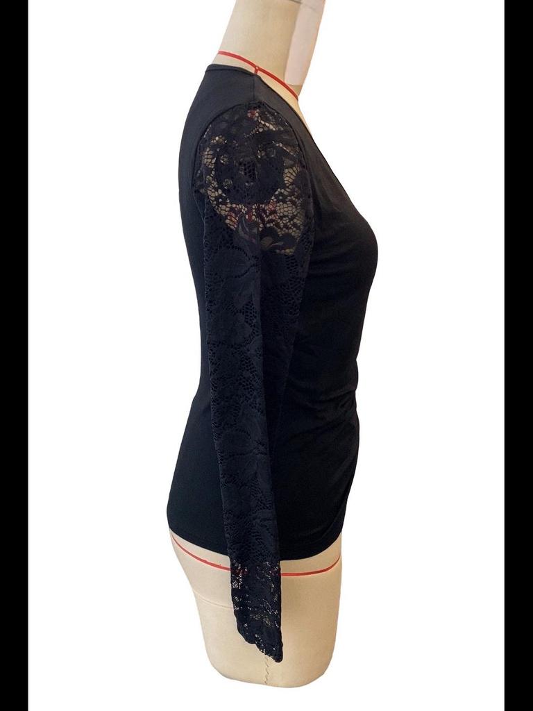 2024 Autumn/Winter Slim Fit Solid Color T-Shirt with Lace Sleeves for Women