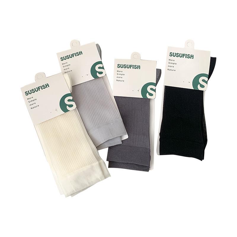 Female Summer Thin Style Breathable Pure Color All Kinds of Vertical Grain Boneless In The Tube Ice Ice Pile Socks