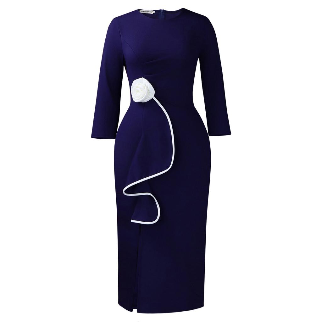 Women's large-size elegant round neck three-dimensional flower fashion ruffle leaf hip-wrapped temperament dress