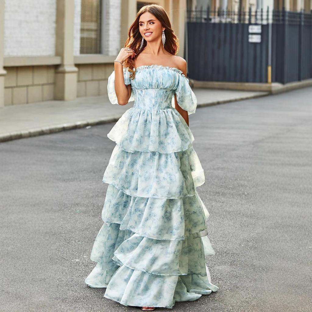 Idyllisches süßes Kuchenkleid Europäische und amerikanische Puffärmel Kurzarm Schnürung an der Taille Einfarbig Blumig Feenkleid Langes Kleid