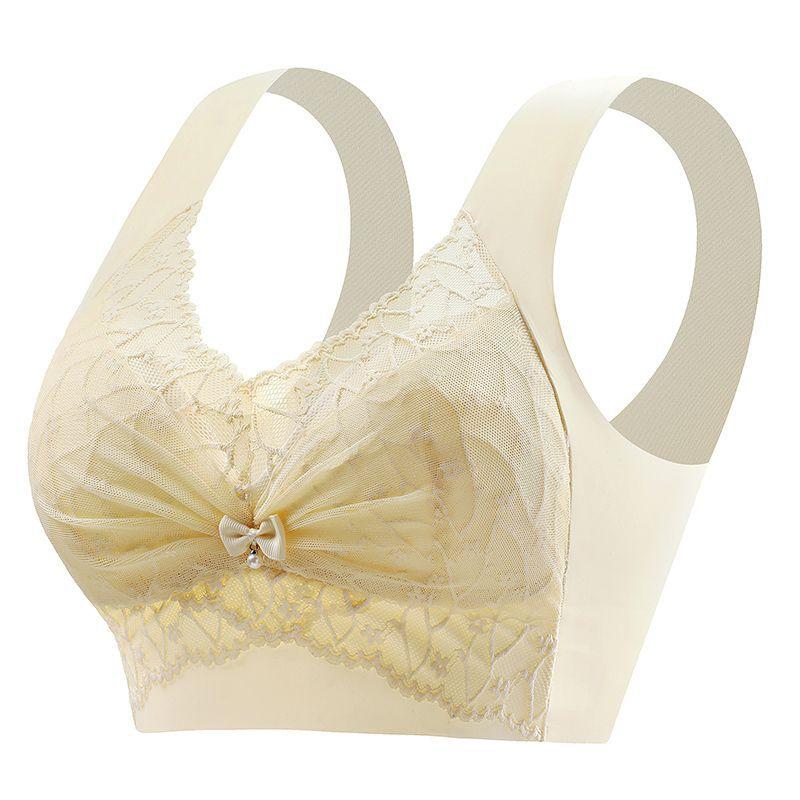 Beige Floral Lace Wireless Bra Comfortable Lift Up Anti-Sagging Bralette with Wide Straps