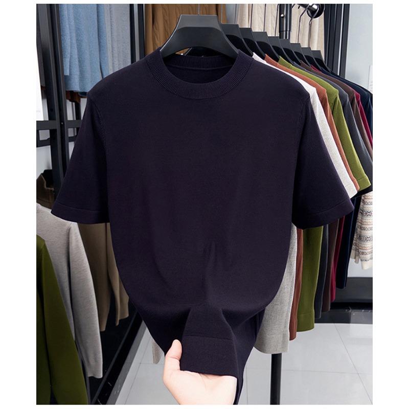 Men Solid Color Short Sleeve Crew Neck Fitted Casual Knit Bottoming Sweater