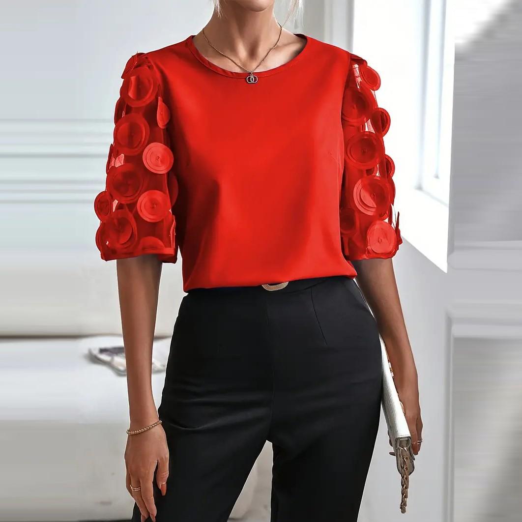 

Женская мода повседневная рубашка с круглым вырезом и коротким рукавом, повседневный кружевной топ с вставками XL