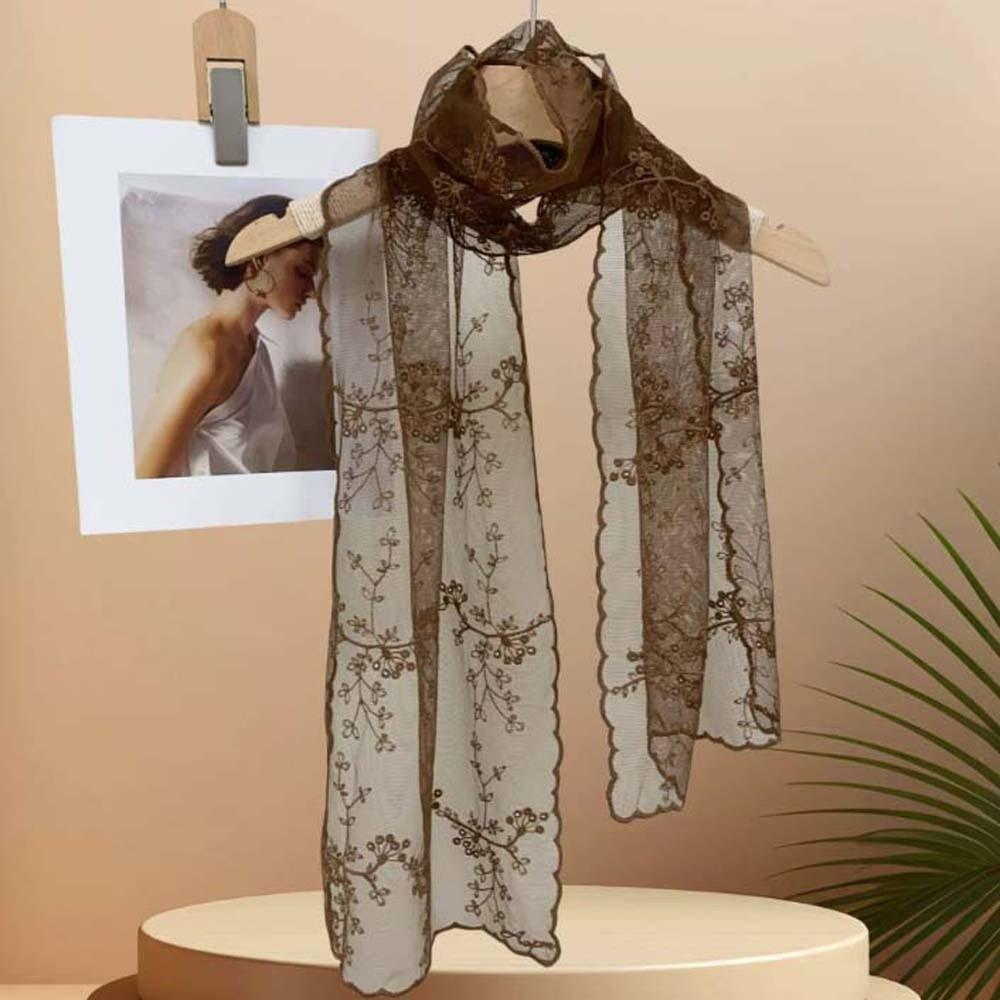 Breathable Spring Silk Scarf Polyester Long Hijab Scarf Headband Embroidered Flower Shawl  Vacation