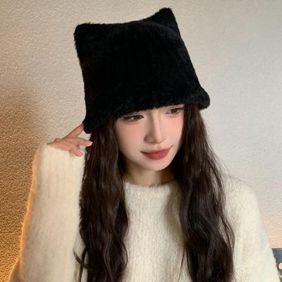 Bear Hat Female Plush Cute Winter Warm Bucket Hat Big Head Circumference Showing Face Small Bucket Hat Tide