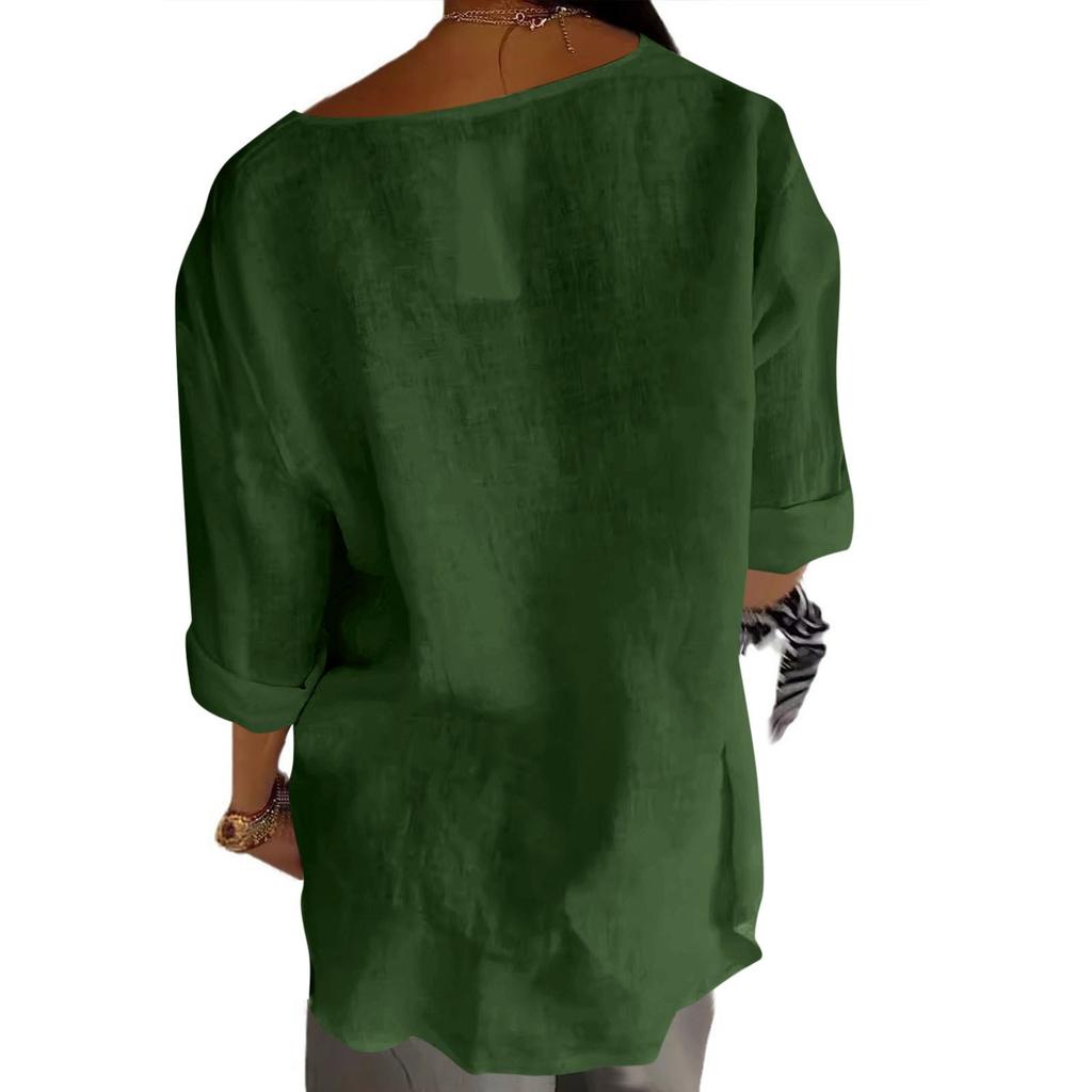 Damska modna, swobodna bluzka z dekoltem w serek, zapinana na guziki, z siedmiopunktowymi rękawami, wykonana z bawełny i lnu