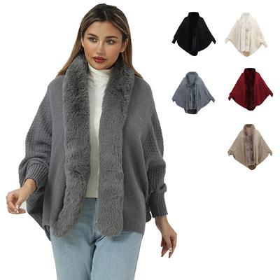 Gola de pele de coelho xale mangas cardigan monocromático tamanho grande capa de malha solta casaco de malha feminino