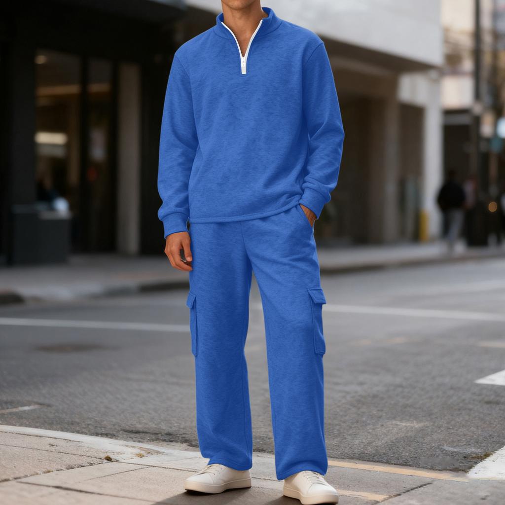 Men's Classic Casual Outdoor Activewear Set | Fleece Solid Color Quarter-Zip Stand-Collar Hoodie & Elastic-Waist Cargo Pants 2-Piece Outfit