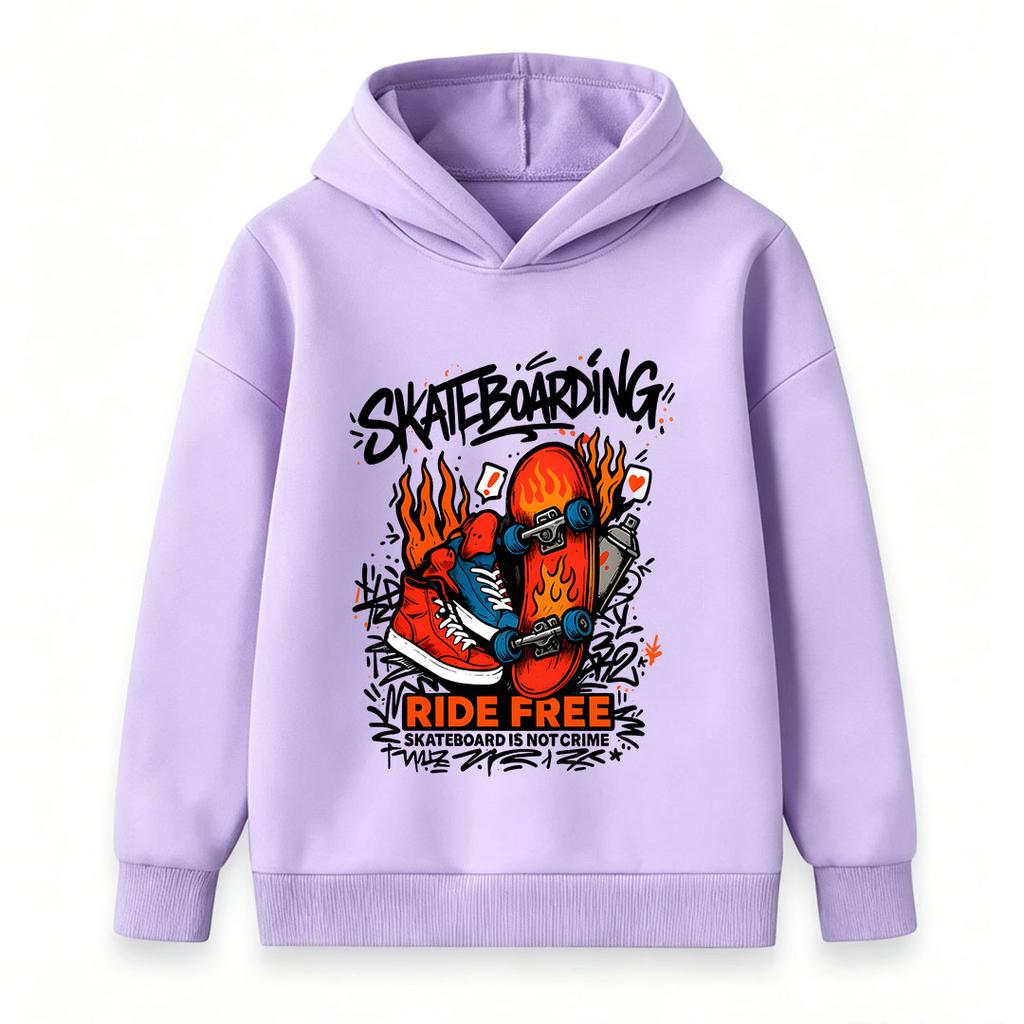 Kids Boys Girls Hooded Sweatshirt, Cool Graffiti Skateboarding Print Pullover, Casual Long Sleeve Ride Free Skate Pattern Hoodie for Teen Street Sport