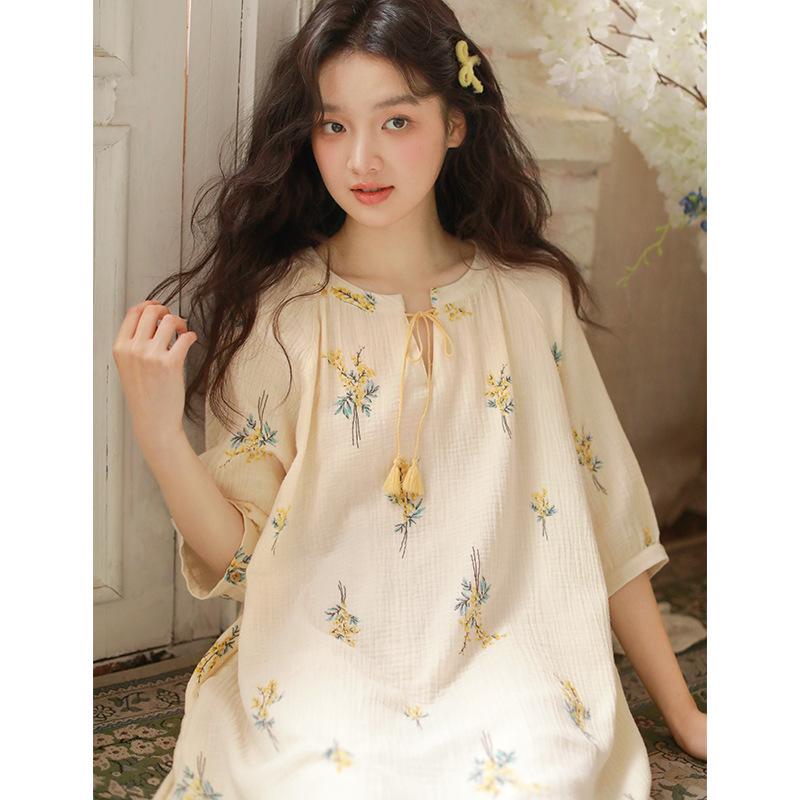 Spring New Summer Thin Nightgown Women's Pure Cotton Double-layer Cotton Yarn Seven-quarter Sleeve Loose Large Size Medium and Long Skirt Can