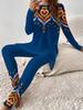 Vintage floral print crew neck long-sleeved set slim sports slim tight yoga trousers set