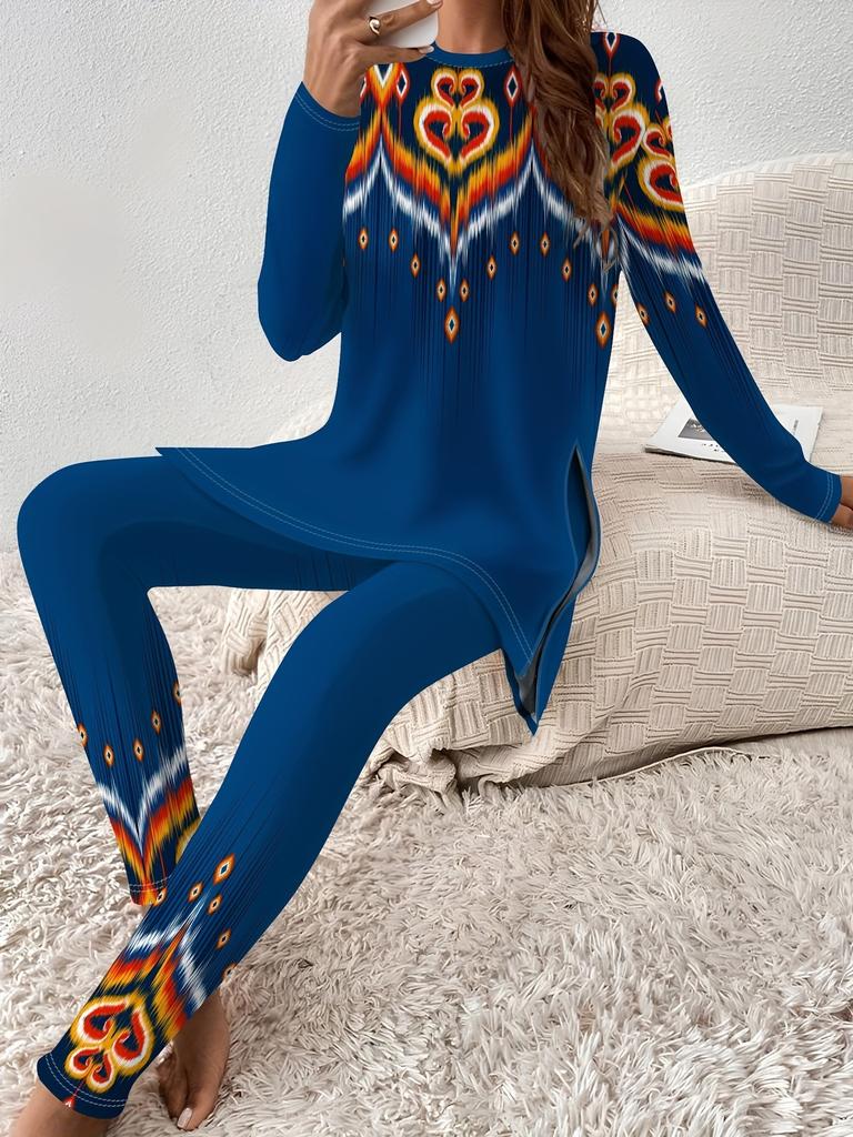 Vintage floral print crew neck long-sleeved set slim sports slim tight yoga trousers set