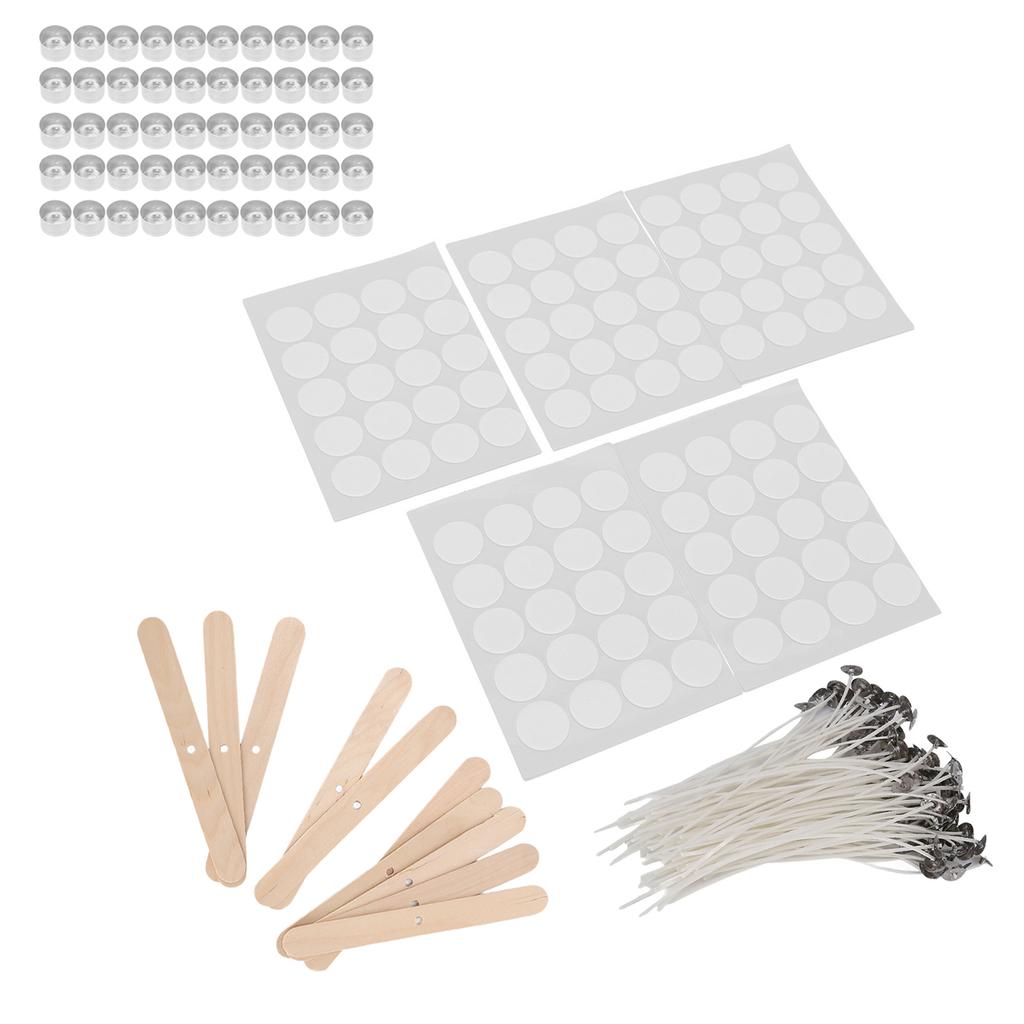100Pcs 15cm Candle Wicks100Pcs Double Sided Wicks Stickers50Pcs Candle Shells10Pcs Wood Wicks Holders